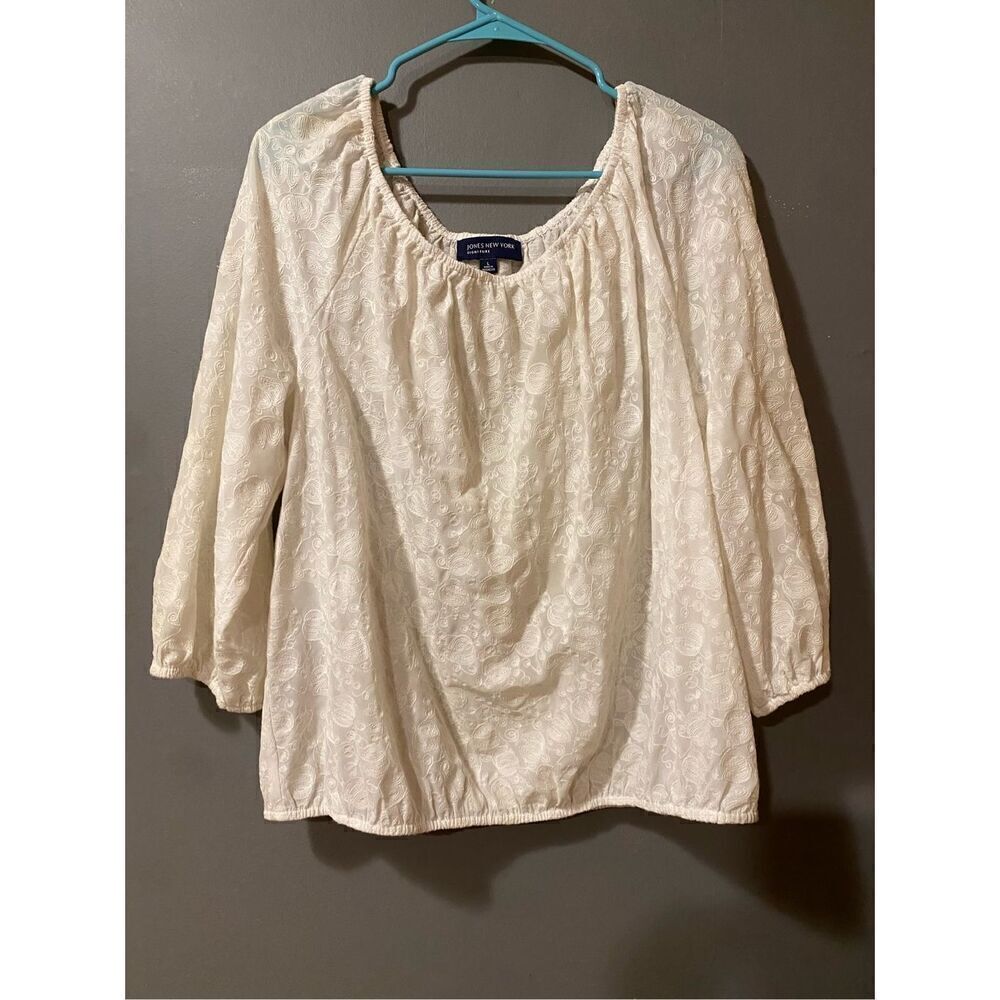 Jones New York White Lace Scoop Neck Elastic Waist Long Sleeve Size Large